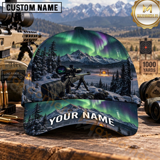 Maxcorners Long Range Shooting Precision Rifle Northern Lights Snowy Forest Personalized Name 3D Cap