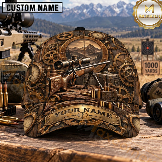 Maxcorners Long Range Shooting Precision Rifle Bronze Steampunk Gears Personalized Name 3D Cap
