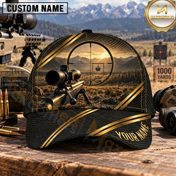 Maxcorners Long Range Shooting Scoped Rifle Black Gold Sunset Personalized Name 3D Cap
