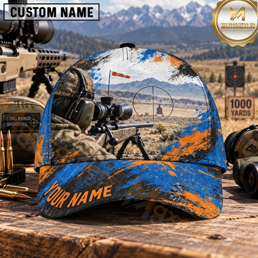Maxcorners Long Range Shooting Target Rifle Blue Orange Splatter Personalized Name 3D Cap