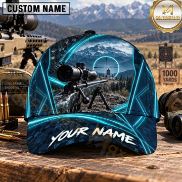 Maxcorners Long Range Shooting Scoped Rifle Cyan Geometric Mountain Personalized Name 3D Cap
