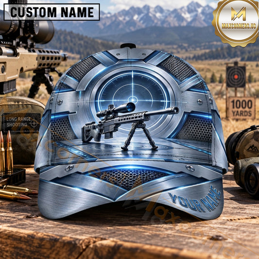 Maxcorners Long Range Shooting Precision Rifle Metallic Blue Target Rings Personalized Name 3D Cap