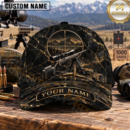 Maxcorners Long Range Shooting Precision Rifle Black Gold Marble Personalized Name 3D Cap