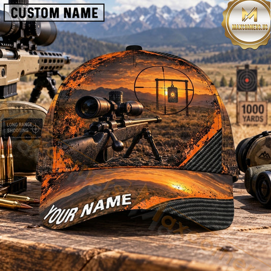 Maxcorners Long Range Shooting Target Rifle Orange Sunset Grunge Personalized Name 3D Cap