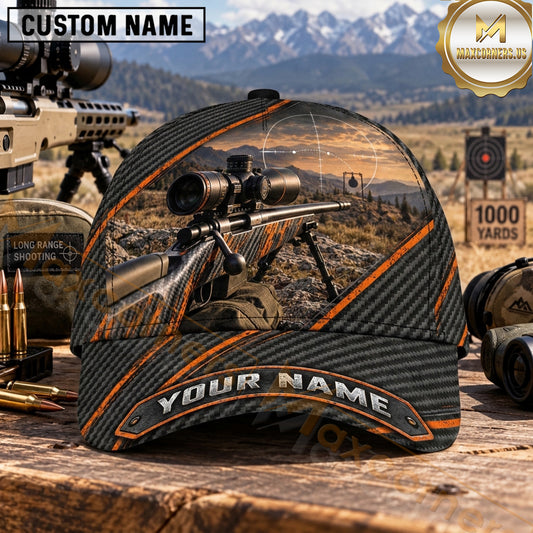 Maxcorners Long Range Shooting Scoped Rifle Orange Trim Carbon Fiber Personalized Name 3D Cap