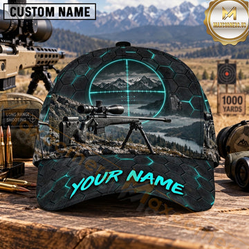 Maxcorners Long Range Shooting Precision Rifle Cyan Crosshair Hexagon Pattern Personalized Name 3D Cap