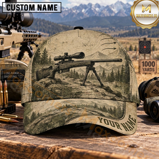 Maxcorners Long Range Shooting Precision Rifle Vintage Woodland Sketch Personalized Name 3D Cap