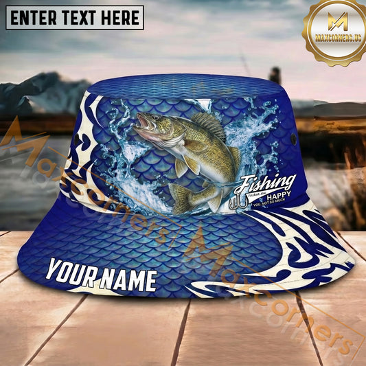 Maxcorners Fishing Blue Scale Happy Quote Personalized Name 3D Bucket Hat (12 Fish Species)
