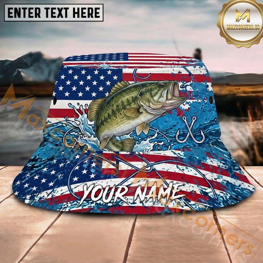 Maxcorners Fishing Patriotic Flag Splash Hook Personalized Name 3D Bucket Hat (12 Fish Species)