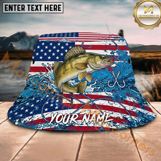 Maxcorners Fishing Patriotic Flag Splash Hook Personalized Name 3D Bucket Hat (12 Fish Species)