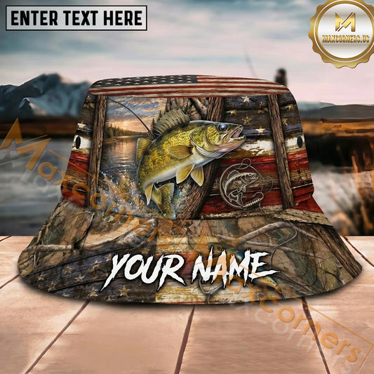 Maxcorners Fishing Rustic Flag Cabin Lake Personalized Name 3D Bucket Hat (12 Fish Species)
