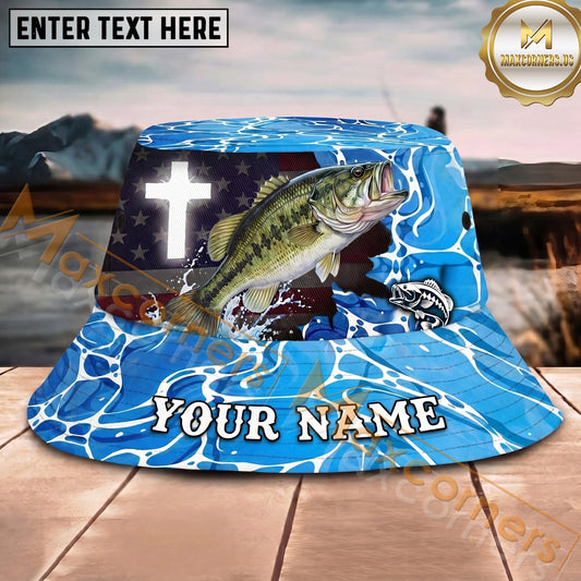 Maxcorners Fishing Faith Cross Blue Wave Personalized Name 3D Bucket Hat (12 Fish Species)
