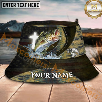 Maxcorners Fishing Patriotic Cross Scale Splash Personalized Name 3D Bucket Hat (12 Fish Species)