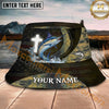 Maxcorners Fishing Patriotic Cross Scale Splash Personalized Name 3D Bucket Hat (12 Fish Species)