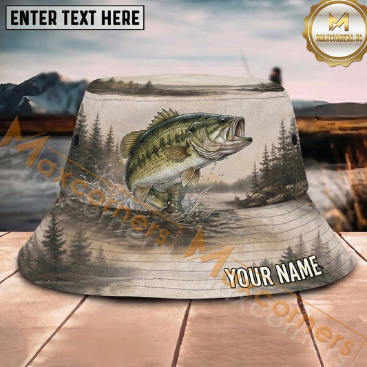 Maxcorners Fishing Vintage Lake Sketch Nature Personalized Name 3D Bucket Hat (12 Fish Species)