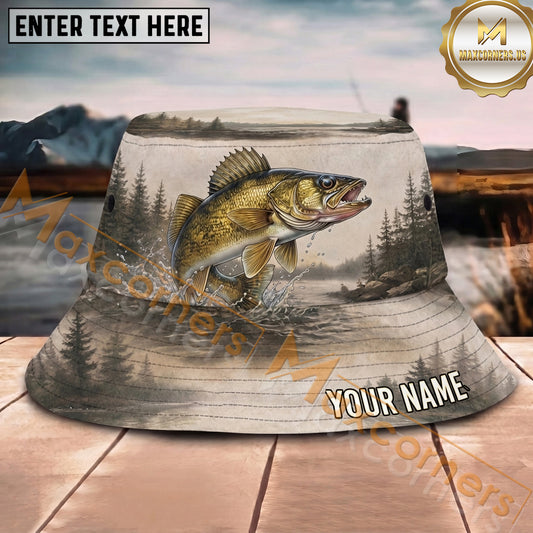 Maxcorners Fishing Vintage Lake Sketch Nature Personalized Name 3D Bucket Hat (12 Fish Species)