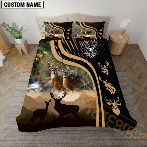 Maxcorners Custom Name Couple Deer Hunting Black Pattern Bedding Set 3D All Over Printed