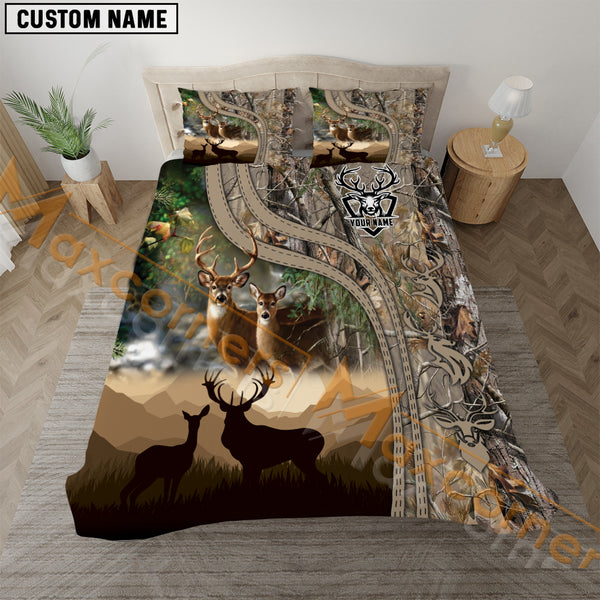 Maxcorners Custom Name Couple Deer Hunting Brown Camo Pattern Bedding Set 3D All Over Printed