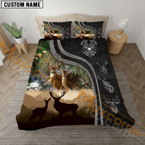 Maxcorners Custom Name Couple Deer Hunting Grey Black Leather Pattern Bedding Set 3D All Over Printed