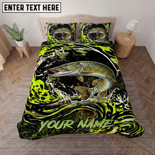 Maxcorners Fishing Neon Green Splash Personalized Name Unisex 3D Bedding Set