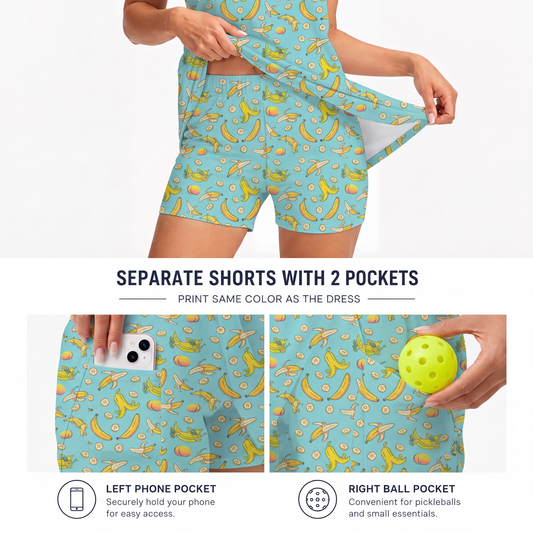 Maxcorners Pickleball Sleeveless Zipper Sports Dress Set Banana Fruit Pattern