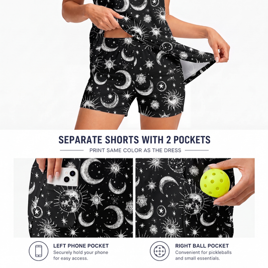 Maxcorners Pickleball Sleeveless Zipper Sports Dress Set Celestial Moon & Sun Pattern