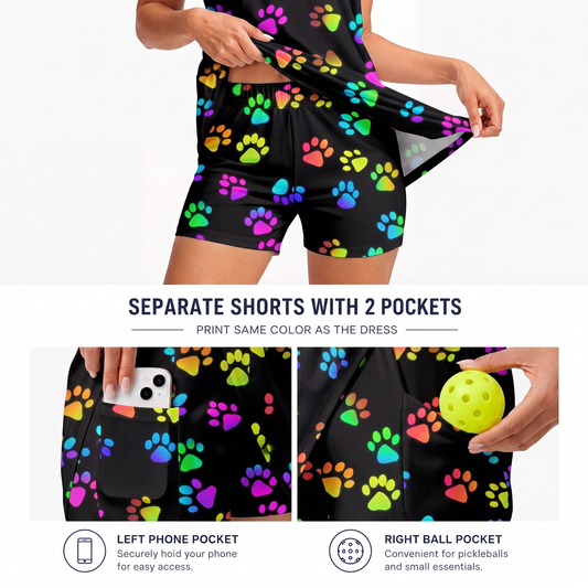Maxcorners Pickleball Sleeveless Zipper Sports Dress Set Rainbow Paw Print Pattern
