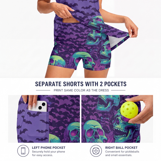 Maxcorners Pickleball Sleeveless Zipper Sports Dress Set Halloween Skull & Bat Pattern