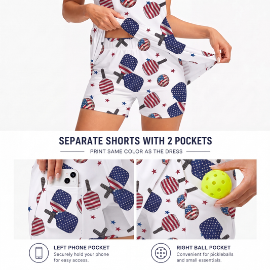 Maxcorners Pickleball Sleeveless Zipper Sports Dress Set Patriotic USA Paddle & Ball Pattern