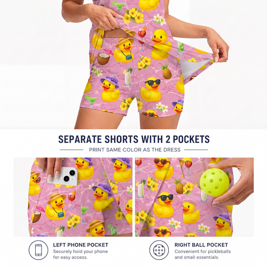 Maxcorners Pickleball Sleeveless Zipper Sports Dress Set Tropical Rubber Duck Pattern