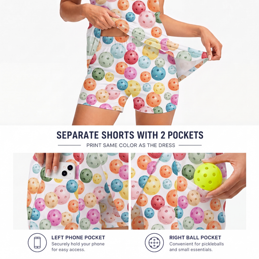 Maxcorners Pickleball Sleeveless Zipper Sports Dress Set Colorful Pickleball Pattern