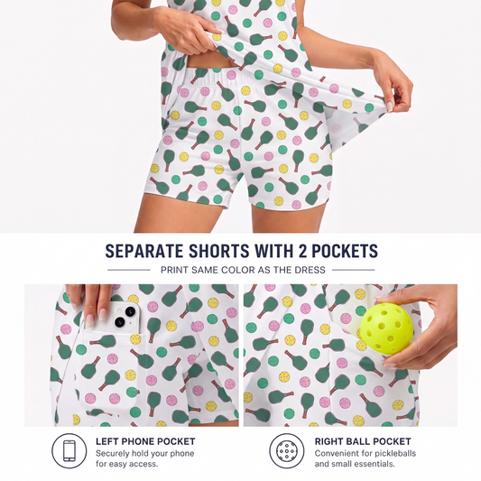 Maxcorners Pickleball Sleeveless Zipper Sports Dress Set Paddle & Ball Pattern