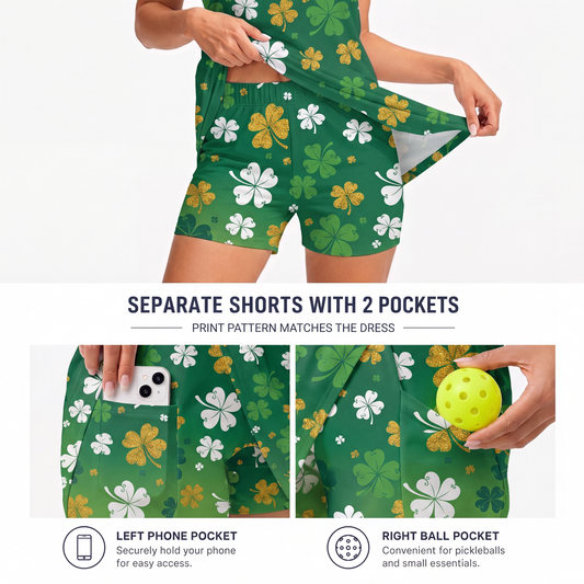 Maxcorners Pickleball Sleeveless Zipper Sports Dress Set Lucky Shamrock Clover Pattern