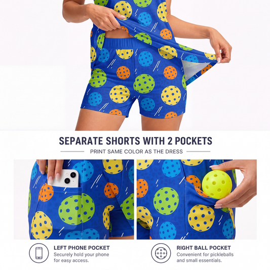Maxcorners Pickleball Sleeveless Zipper Sports Dress Set Colorful Pickleball Pattern