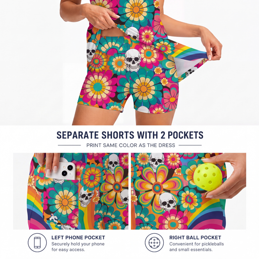 Maxcorners Pickleball Sleeveless Zipper Sports Dress Set Psychedelic Floral Skull Rainbow Print