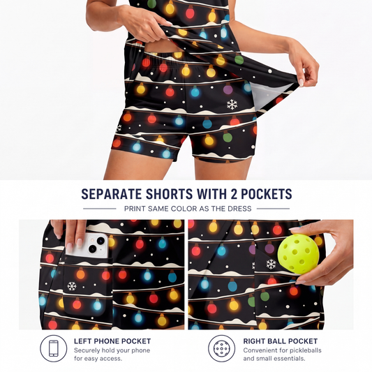 Maxcorners Pickleball Sleeveless Zipper Sports Dress Set Colorful Christmas Lights Snow Print