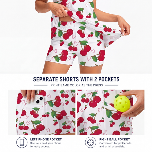 Maxcorners Pickleball Sleeveless Zipper Sports Dress Set Cute Cherry Heart Print