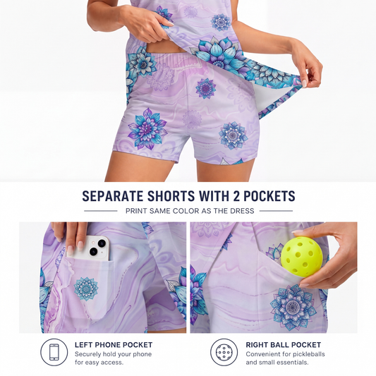 Maxcorners Pickleball Sleeveless Zipper Sports Dress Set Lavender Marble Mandala Floral Print