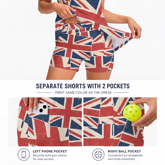 Maxcorners Pickleball Sleeveless Zipper Sports Dress Set Distressed Union Jack Flag Print