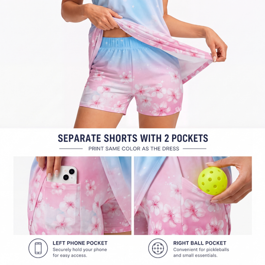 Maxcorners Pickleball Sleeveless Zipper Sports Dress Set Pastel Cherry Blossom Ombre Print
