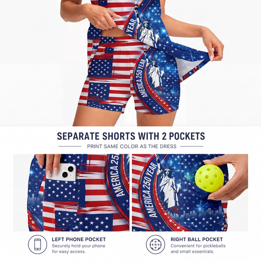 Maxcorners Pickleball Sleeveless Zipper Sports Dress Set America 250th Anniversary Liberty Print