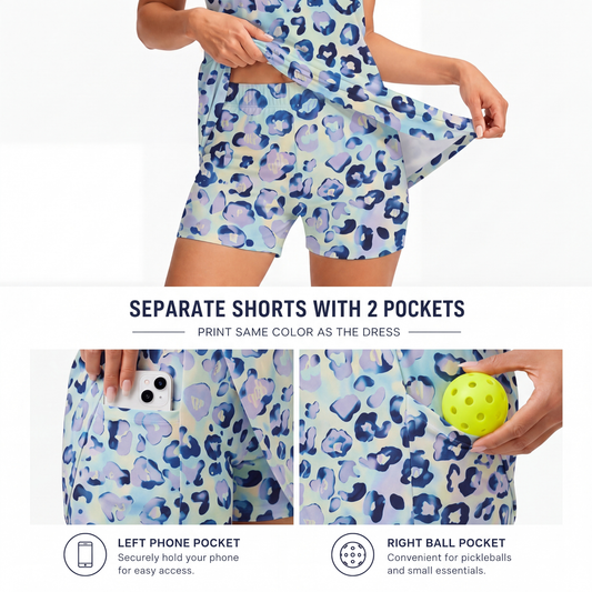 Maxcorners Pickleball Sleeveless Zipper Sports Dress Set Pastel Blue Leopard Print
