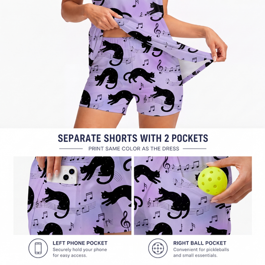 Maxcorners Pickleball Sleeveless Zipper Sports Dress Set Black Cat Music Notes Purple Print