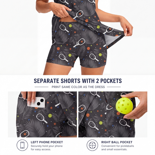 Maxcorners Pickleball Sleeveless Zipper Sports Dress Set Pickleball Paddle Tropical Leaf Print
