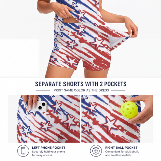 Maxcorners Pickleball Sleeveless Zipper Sports Dress Set Patriotic Stars and Brush Stripes Print