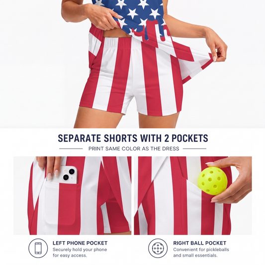 Maxcorners Pickleball Sleeveless Zipper Sports Dress Set Dripping American Flag Print