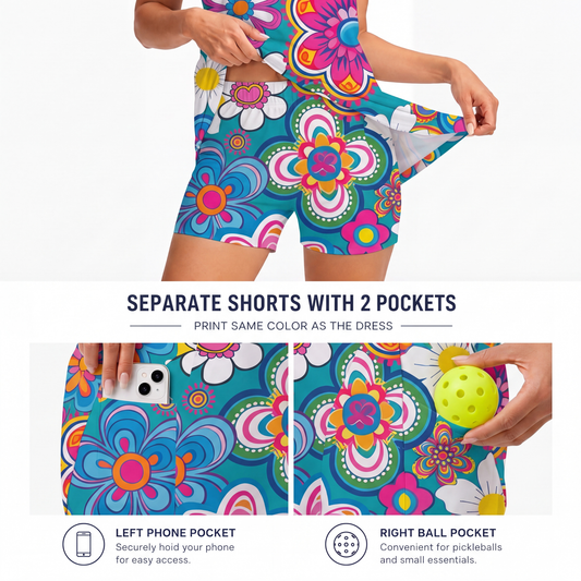 Maxcorners Pickleball Sleeveless Zipper Sports Dress Set Vibrant Psychedelic Floral Print