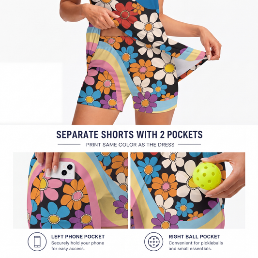 Maxcorners Pickleball Sleeveless Zipper Sports Dress Set Retro Groovy Floral Wave Print