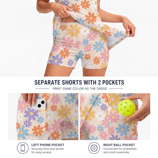 Maxcorners Pickleball Sleeveless Zipper Sports Dress Set Pastel Multicolor Daisy Print