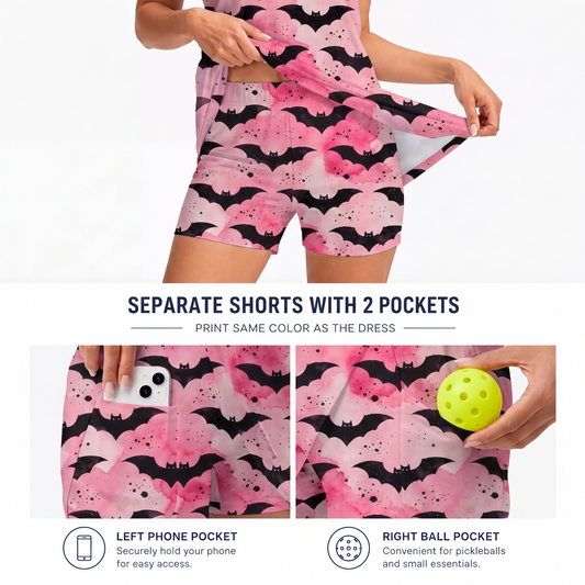 Maxcorners Pickleball Sleeveless Zipper Sports Dress Set Pink Watercolor Bat Halloween Print